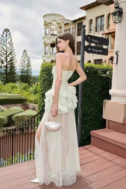 tiffany fitted lace-paneled Strapless maxi dress in green