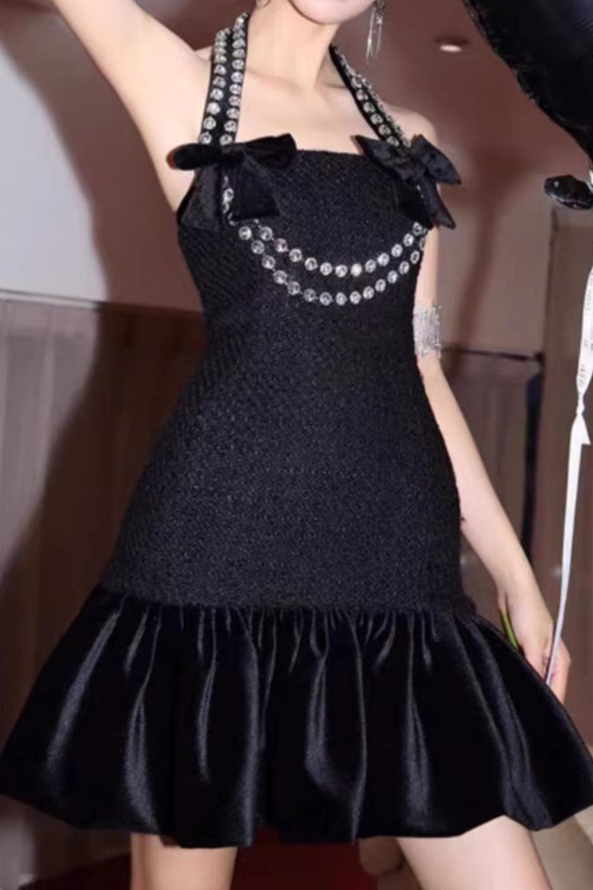 Rhinestone embellished halter mini dress in black
