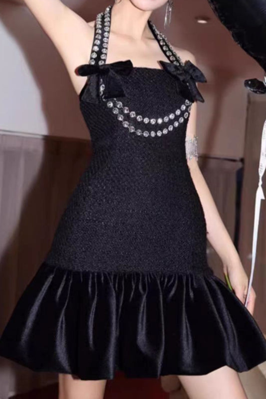 Rhinestone embellished halter mini dress in black