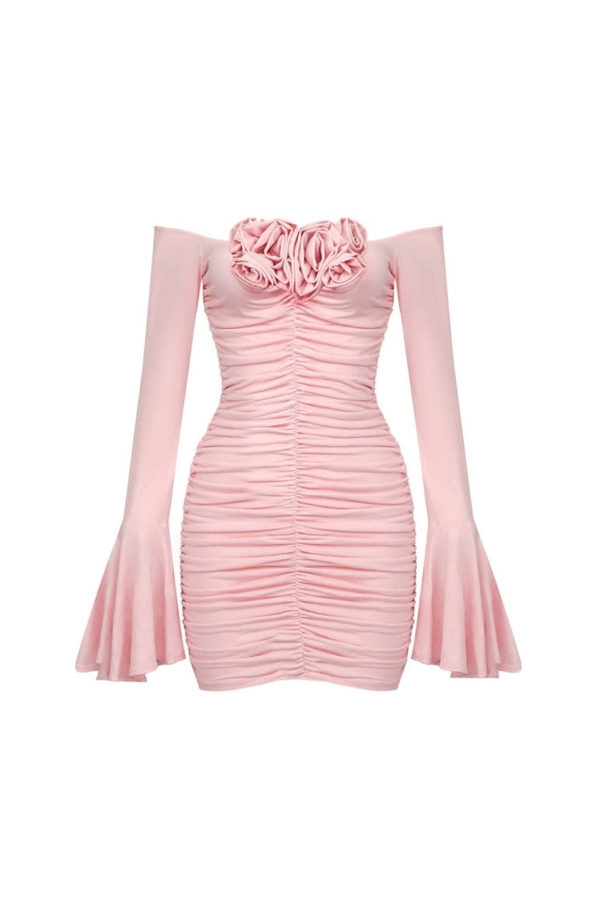 FLOWER-EMBELLISHED RUCHED MINI DRESS IN COTTON CANDY
