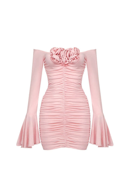FLOWER-EMBELLISHED RUCHED MINI DRESS IN COTTON CANDY