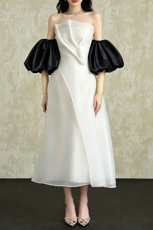 Strapless Layered Organza Midi Dress In White With Giant Puff Bubble Sleeves