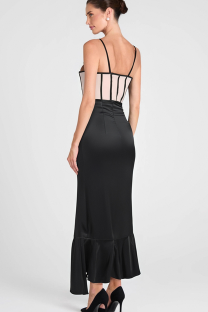 BEULAH BLACK SATIN CORSET SEQUIN WING CUP DRESS