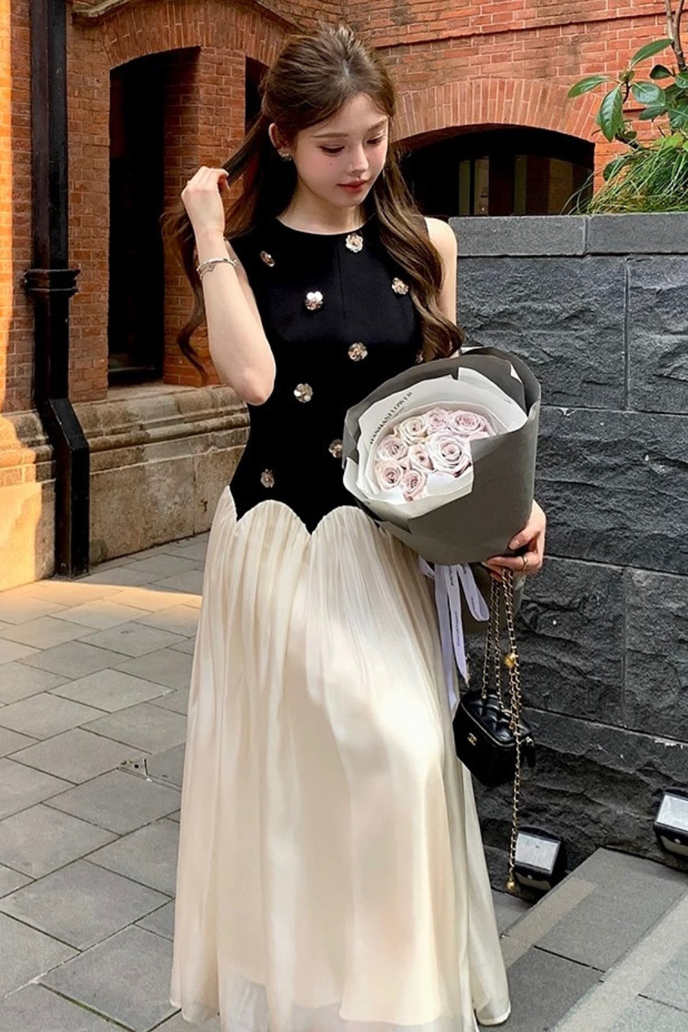 Stereoscopic Flower sleeveless mesh midi dress