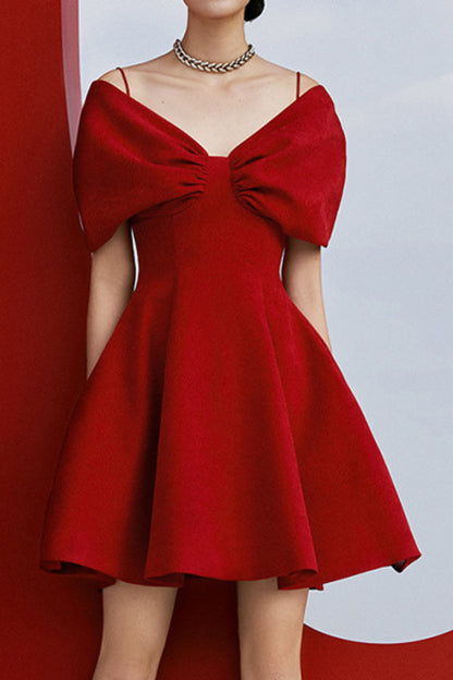 RED OFF SHOULDER PLEATED A LINE DRESS