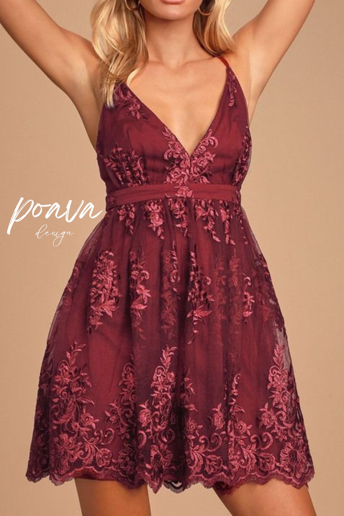 V NECK TULLE LACE SHORT BURGUNDY PROM DRESSES