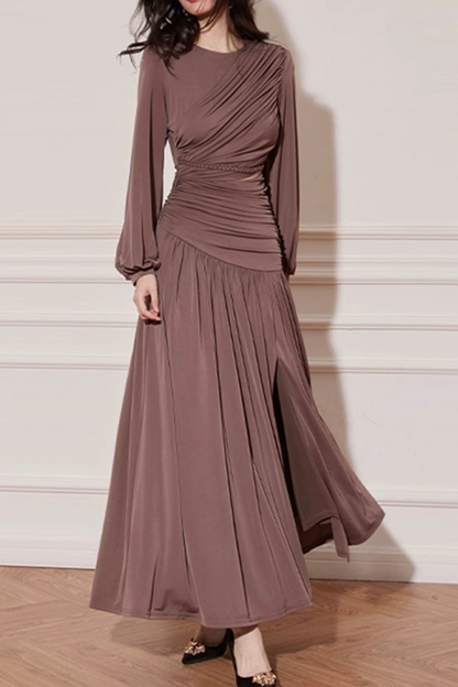 pleated cutout chiffon maxi dress in pale brown