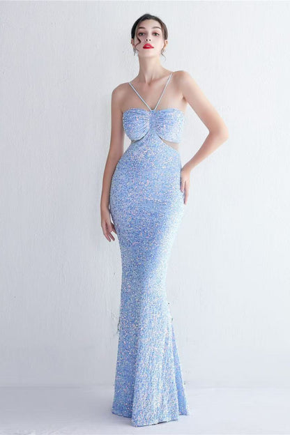 MARIAN BLUE CUTOUT SEQUINS HALTER MAXI DRESS