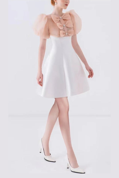 GAUZE BOW PUFF SLEEVE MINI DRESS IN WHITE
