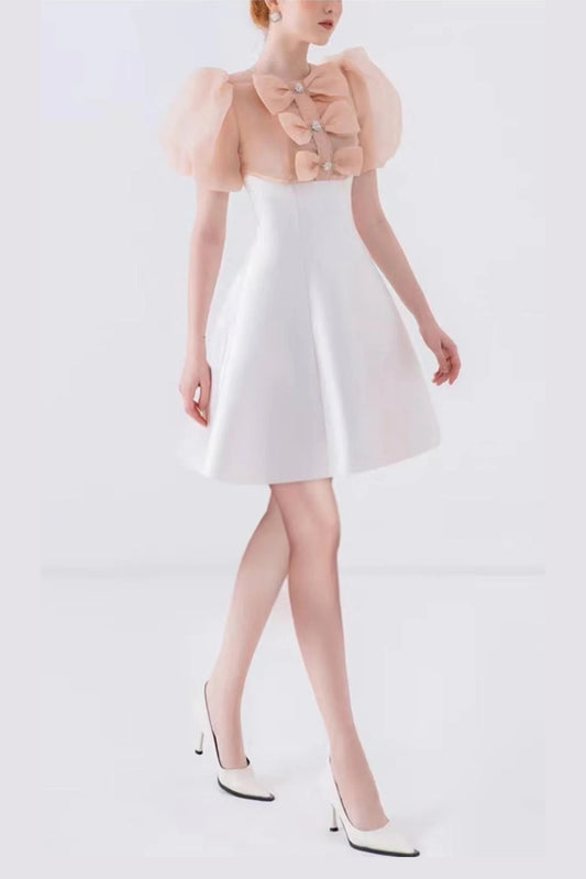 GAUZE BOW PUFF SLEEVE MINI DRESS IN WHITE