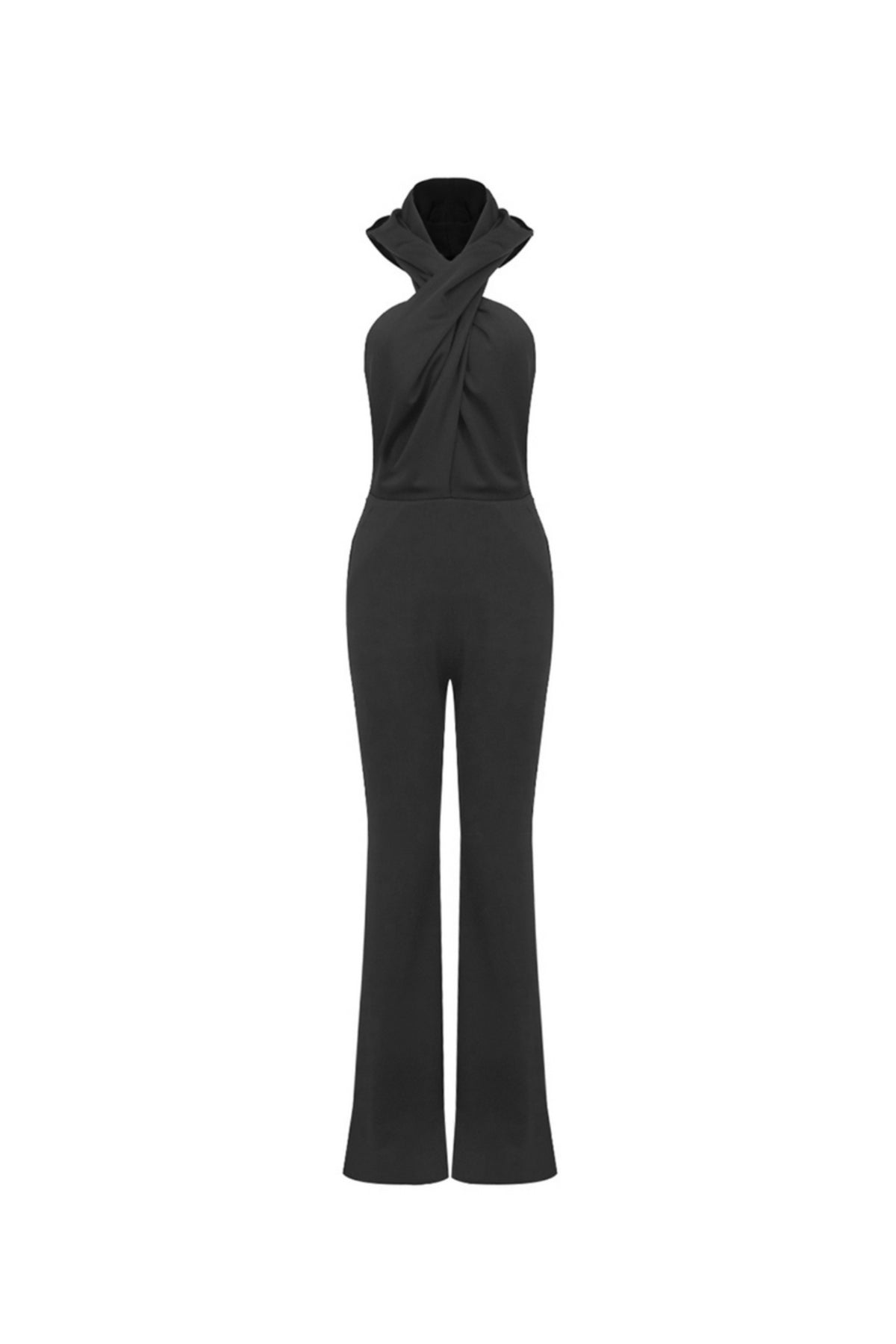 BLACK BACKLESS HOODED JUMPSUIT WITH SLIP POCKETS