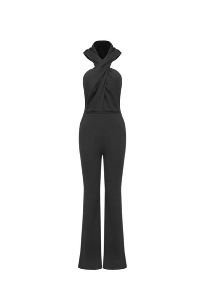BLACK BACKLESS HOODED JUMPSUIT WITH SLIP POCKETS