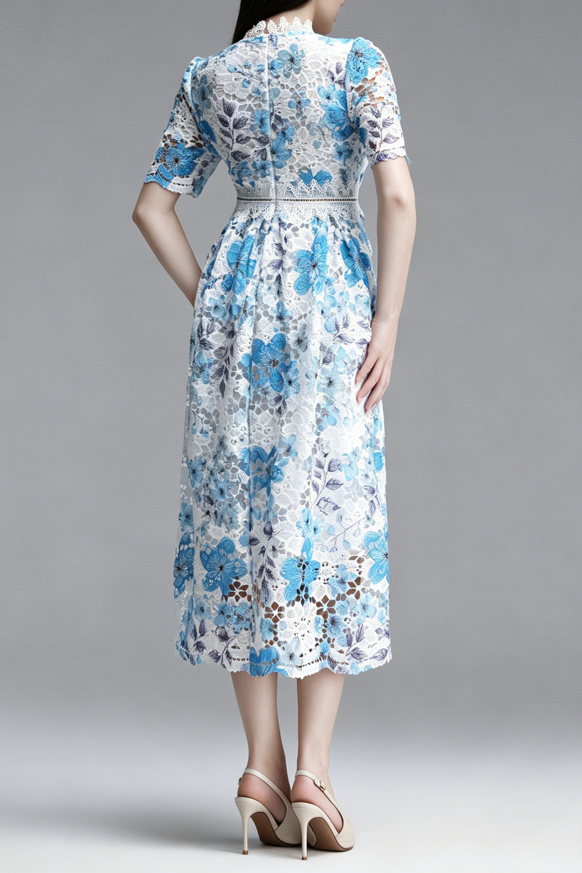 Blue Floral Hollow Lace High Neck Short Puff Sleeve Midi A-Line Dress