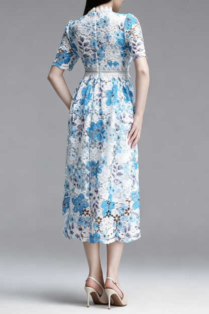 Blue Floral Hollow Lace High Neck Short Puff Sleeve Midi A-Line Dress