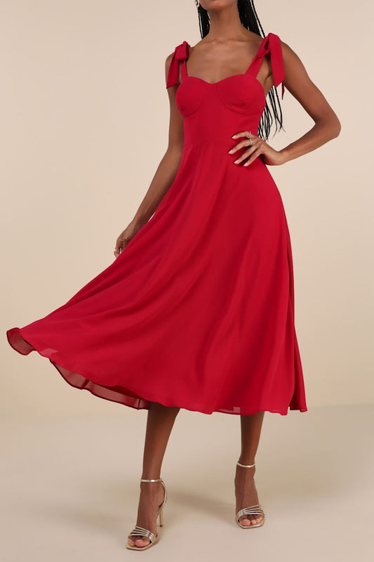 Berry Red Tie-Strap A-Line Midi Dress