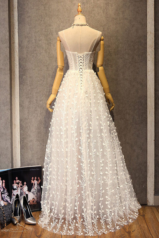 White v neck lace prom dress