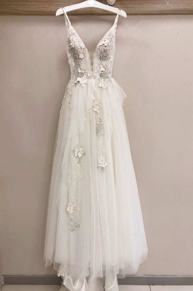White v neck tulle lace prom dress