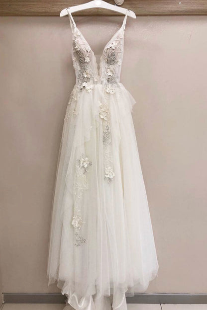 White v neck tulle lace prom dress