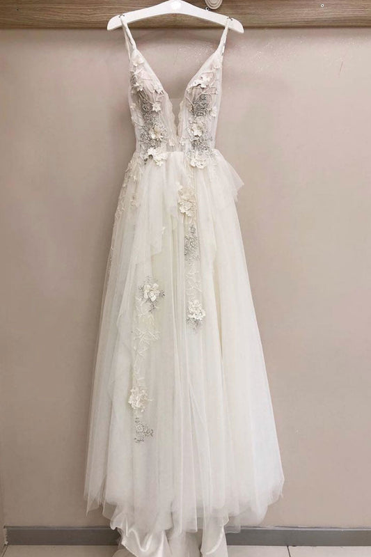 White v neck tulle lace prom dress