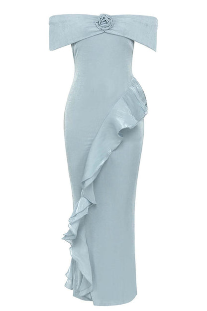 OFF SHOULDER RUFFLED MAXI DRESS IN TINGED BLUE