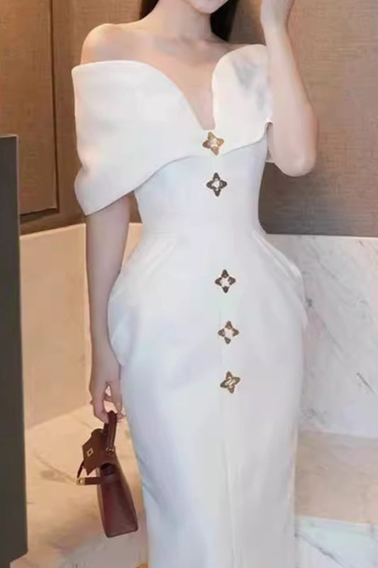 off shoulder midi dress in white