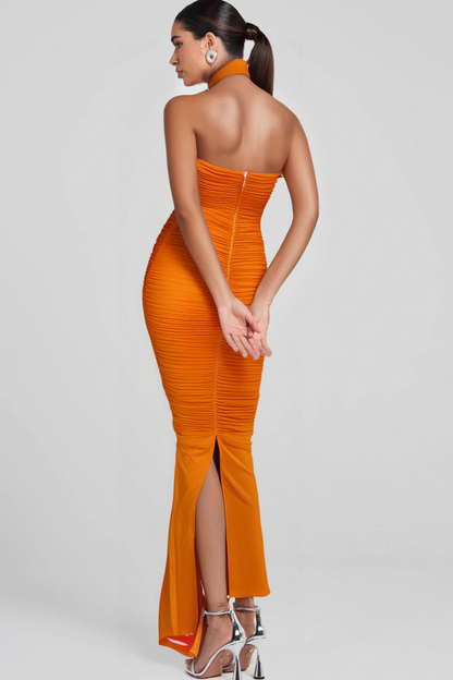 ORANGE OPEN BACK RUCHED FLOWER BODYCON MAXI DRESS