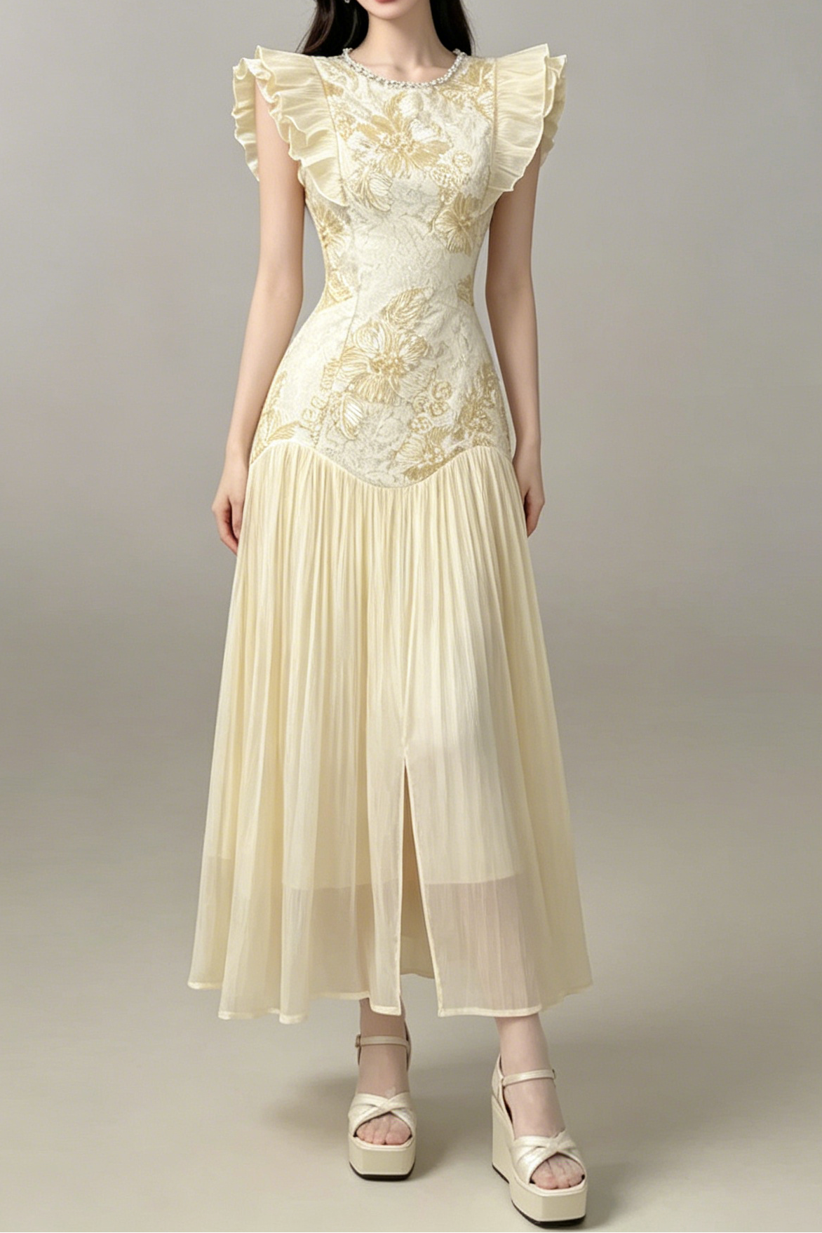 Cream Lace Floral Embroidered Maxi Dress with Ruffled Sleeves