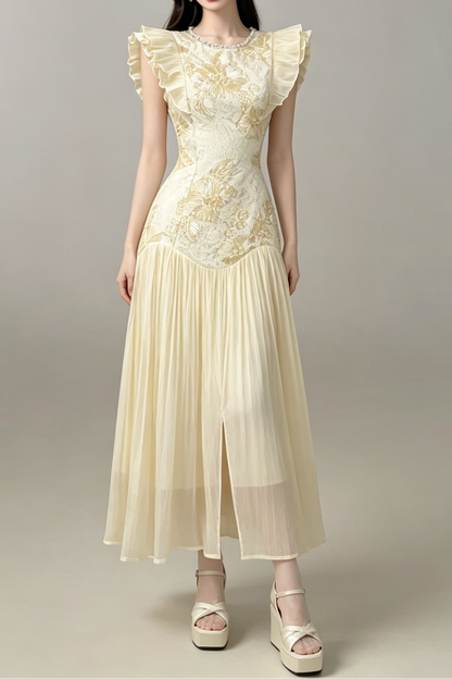 Cream Lace Floral Embroidered Maxi Dress with Ruffled Sleeves