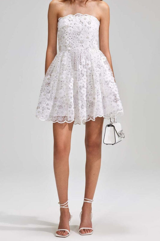 BEADED SEQUIN BANDEAU MINI DRESS IN WHITE