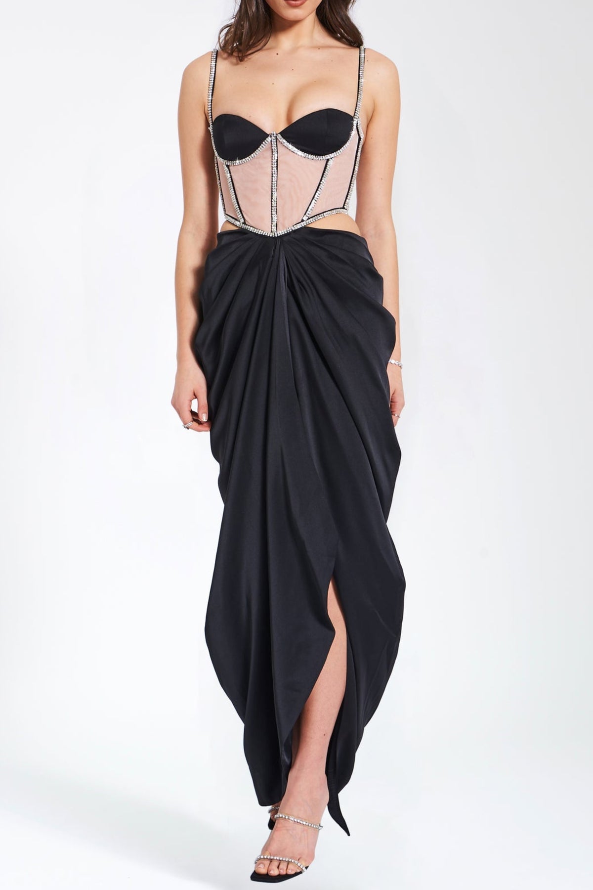 Black Satin Crystal Embellished Corset Dress