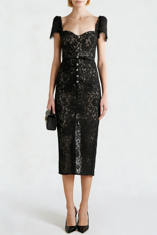 helen black Belted embellished cotton-blend lace midi dress