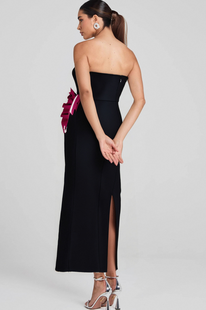 PLEATED ORNAMENTED BANDAGE MAXI DRESS IN BLACK