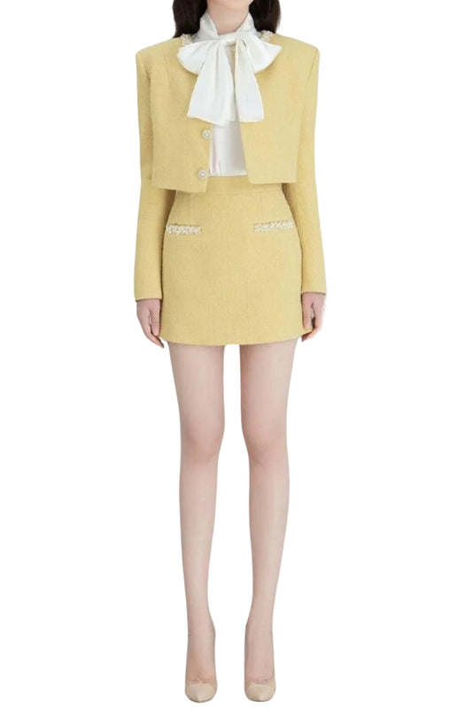YELLOW LONG-SLEEVE BLAZER AND SKIRT TWO-PIECE SET