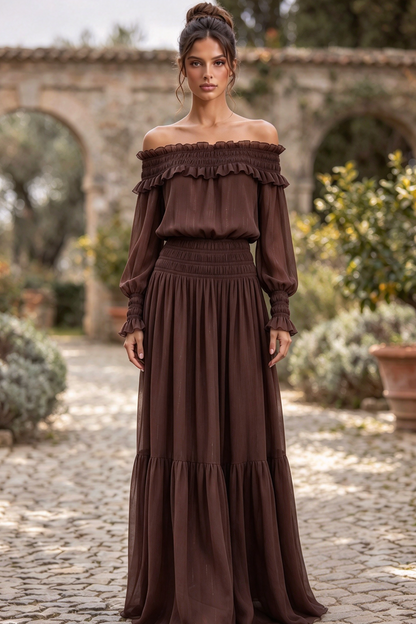 Chocolate Brown Textured Chiffon Blouson Maxi Dress with Tiered Skirt