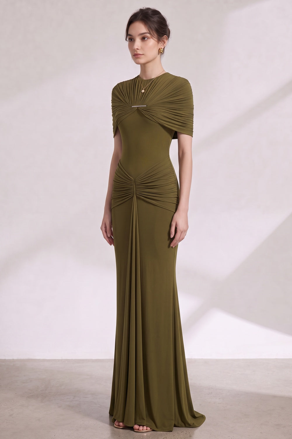 Olive Green Stretch Jersey Column Gown with Ruched Detail olive green stretch jersey gown - product view 2