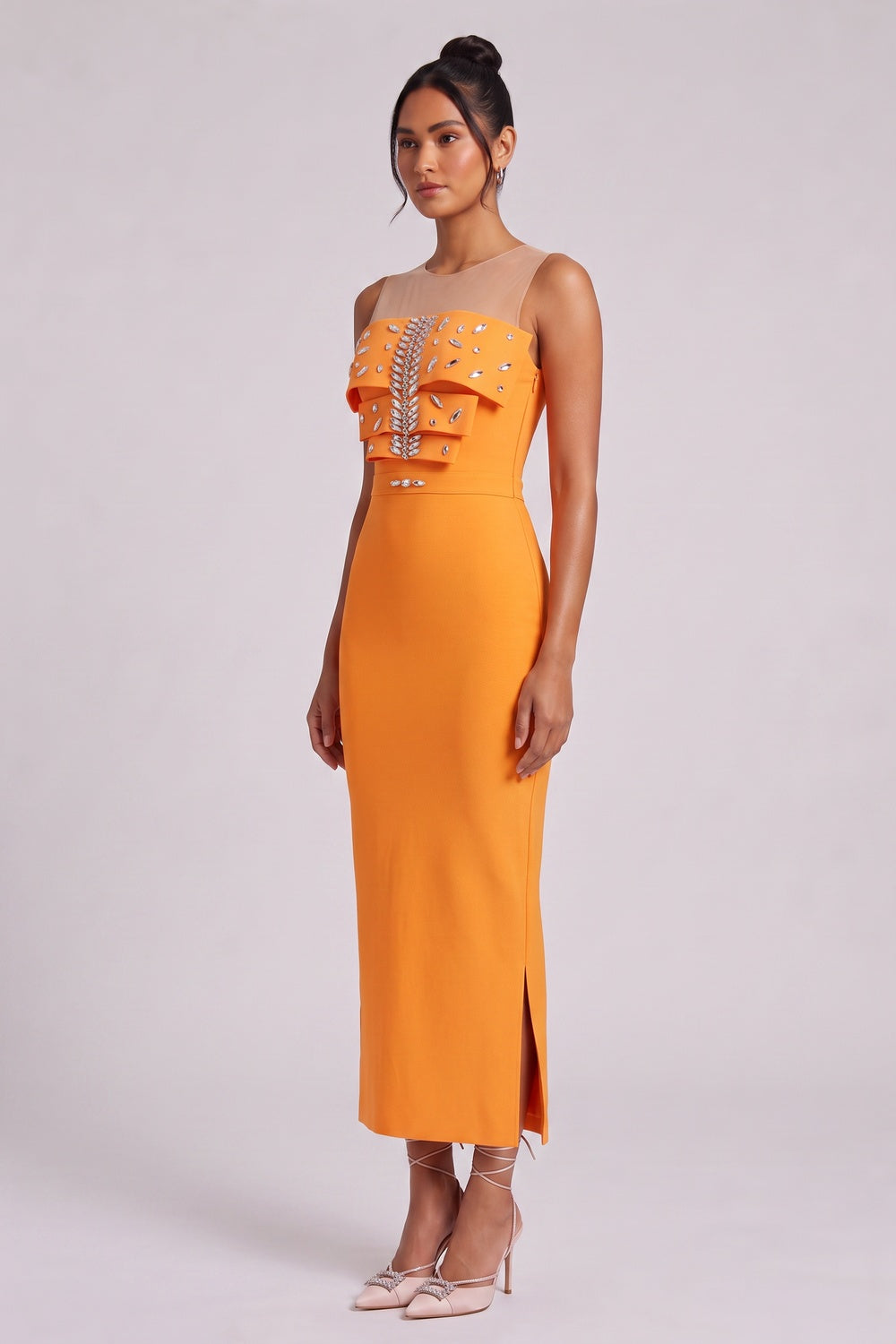 Orange Ruffle Embellished Midi Dress Premium Fabric - product view 1