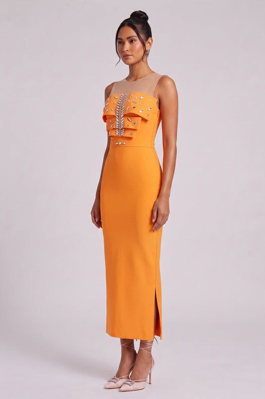 Orange Ruffle Embellished Midi Dress Premium Fabric - product view 1