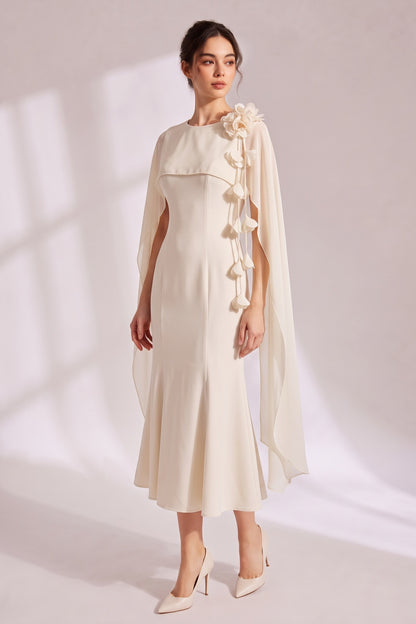 Cape Sleeve 3D Floral Chiffon Midi Mermaid Dress