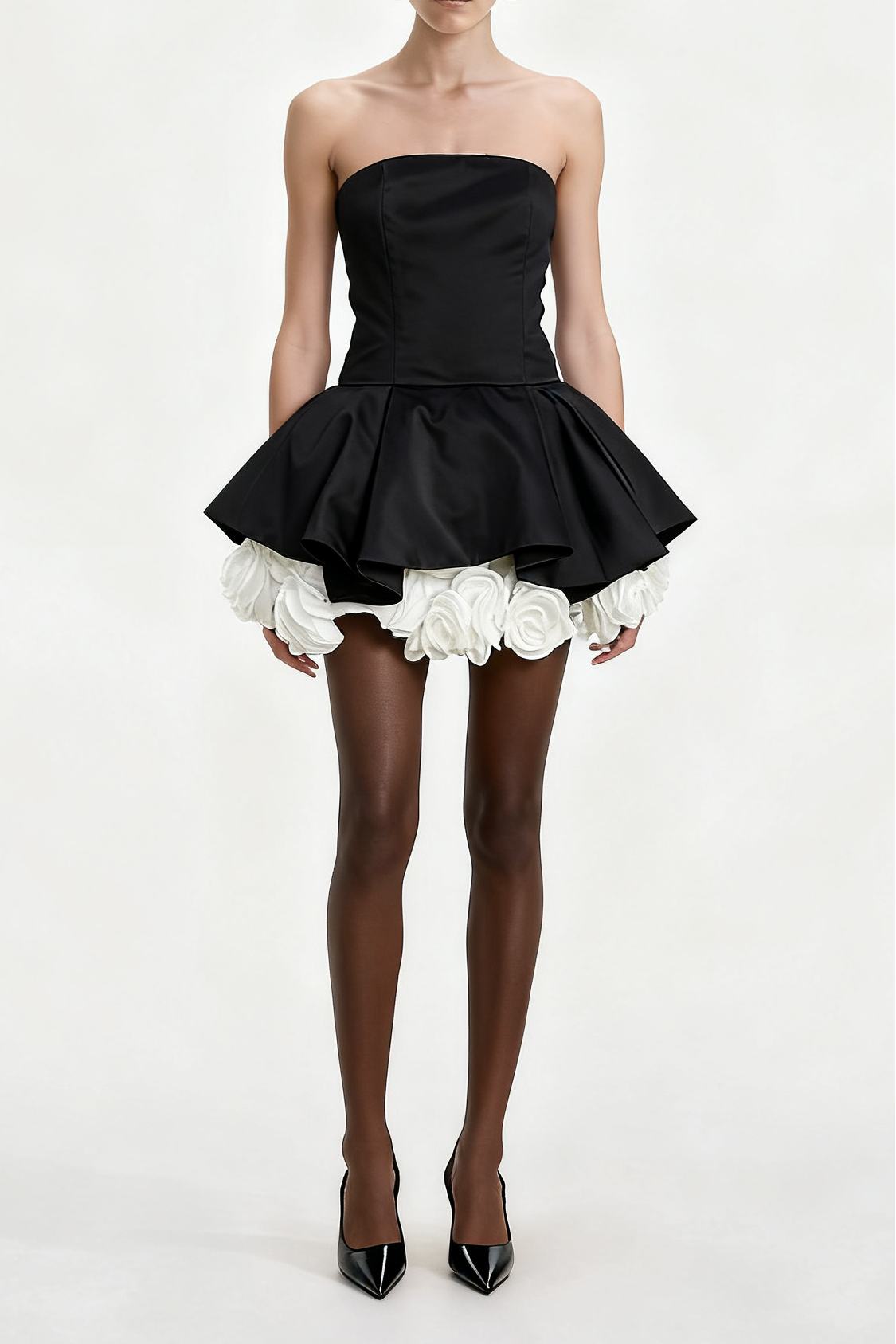 Lucie black petal-layered strapless corset mini dress