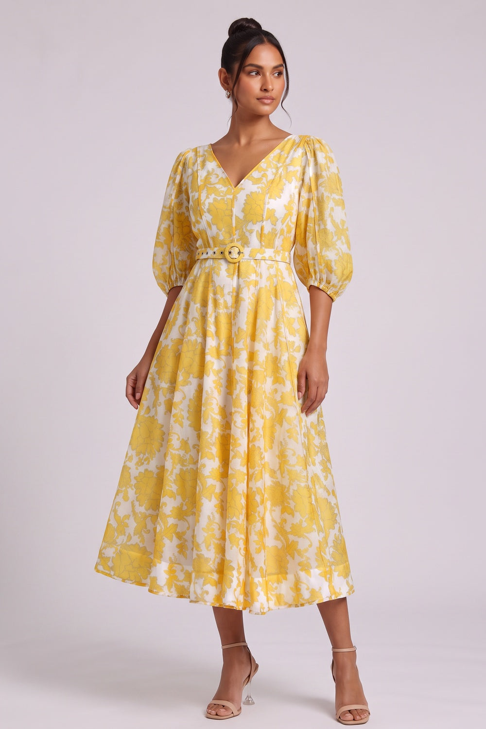 Yellow Floral Midi Dress with Belt Premium Fabric - product view 2