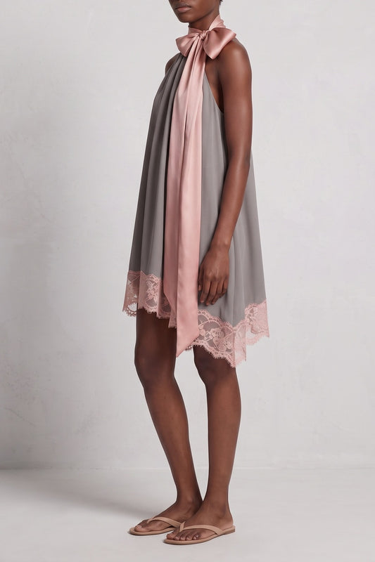Halter Satin Big Bow Lace Hem Shift Mini Dress