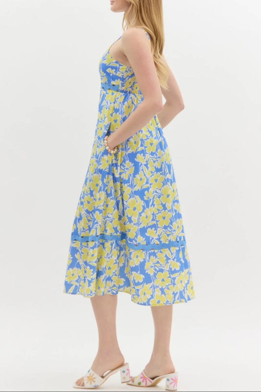 wallis floral print hollow midi dress in blue