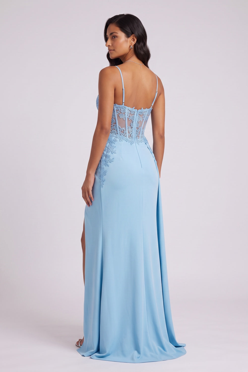 Light Blue Lace Bodice Maxi Gown with Side Slit Premium Fabric - product view 4