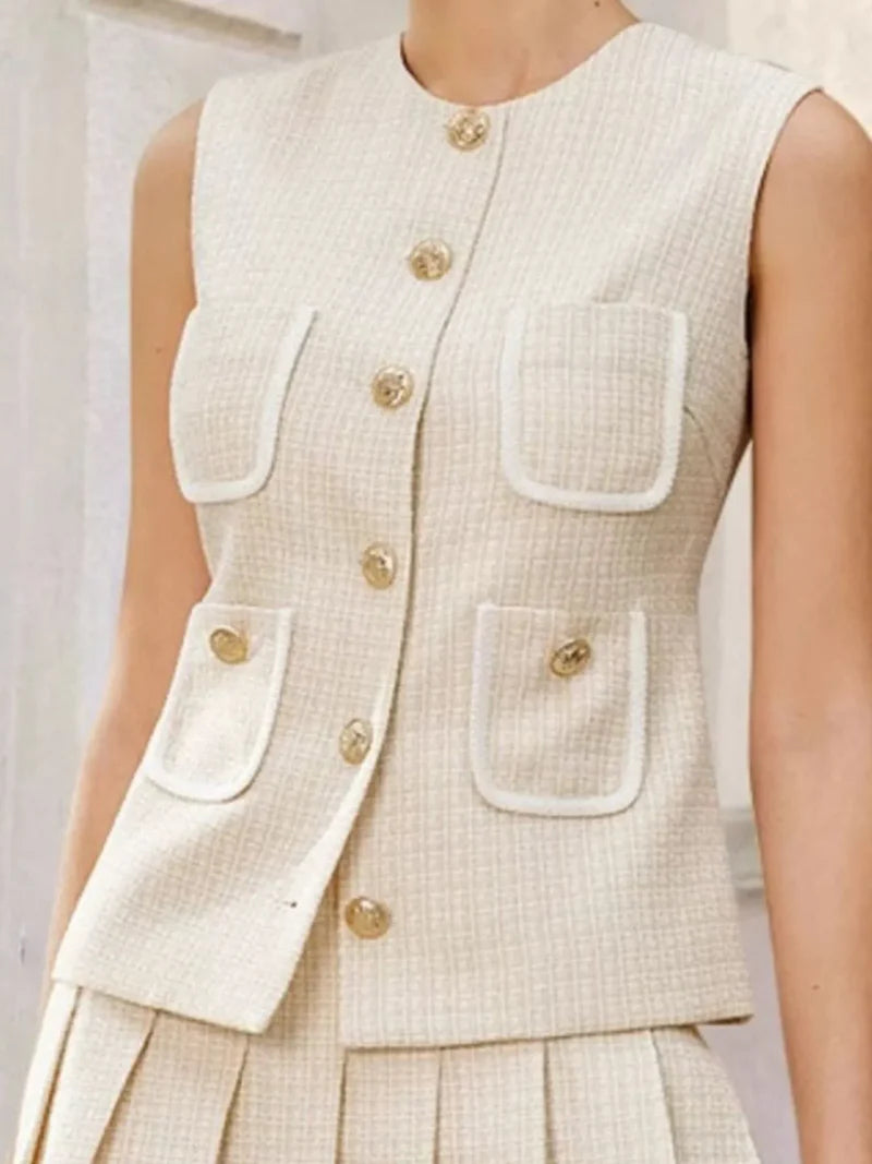 celeste Tweed Button-Front Vest Pleated Skirt Set in apricot