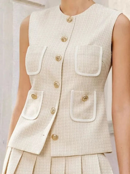 celeste Tweed Button-Front Vest Pleated Skirt Set in apricot