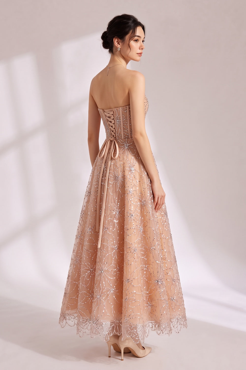Nude Beaded Strapless Maxi Dress Premium Fabric - product view 2