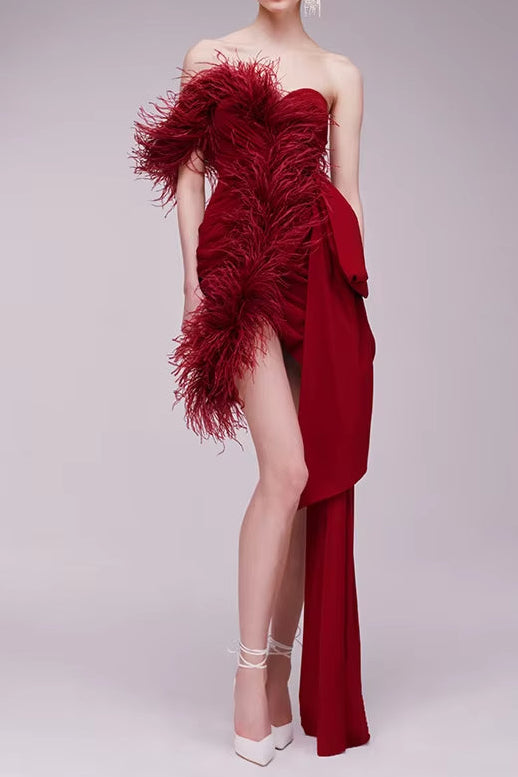 burgundy feather embellished strapless mini dress