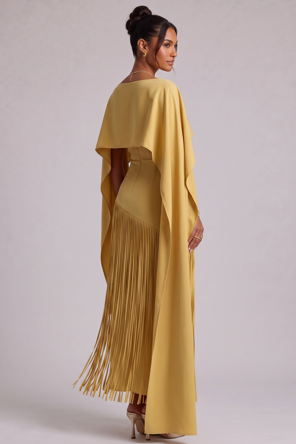 Yellow Fringe Maxi Dress with Cape Detail Premium Fabric - product view 4