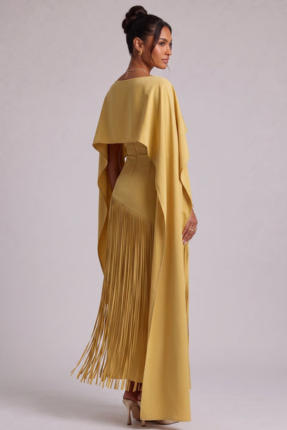 Yellow Fringe Maxi Dress with Cape Detail Premium Fabric - product view 4