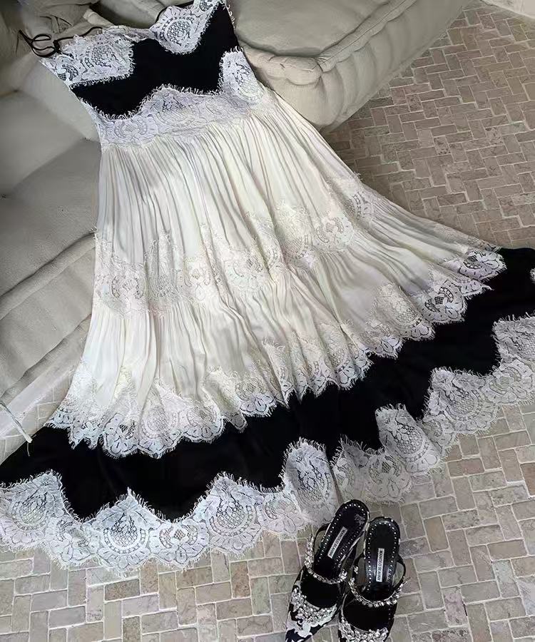 Black & White Lace Tiered Spaghetti Strap Maxi Dress